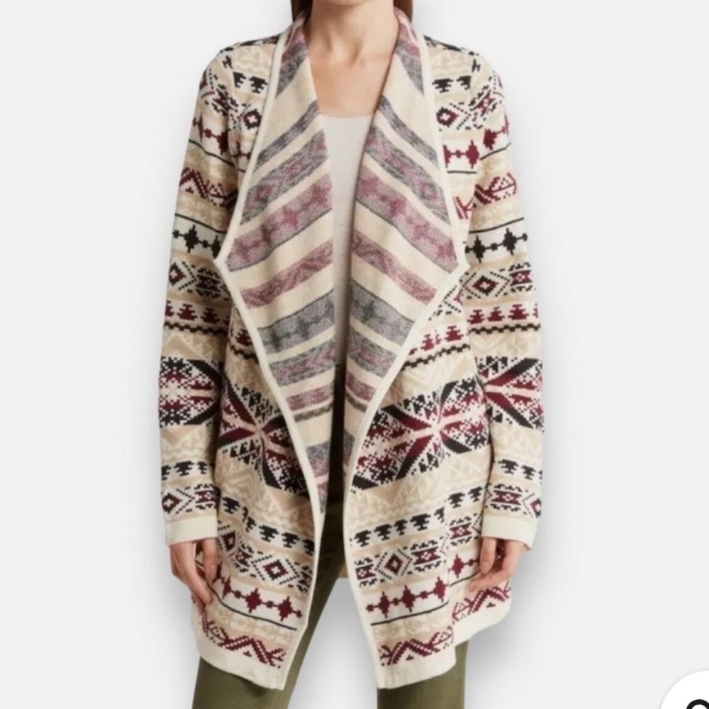 Lucky Brand Red and Tan Southwest Boho Cotton Blend Open Waterfall Cardigan
